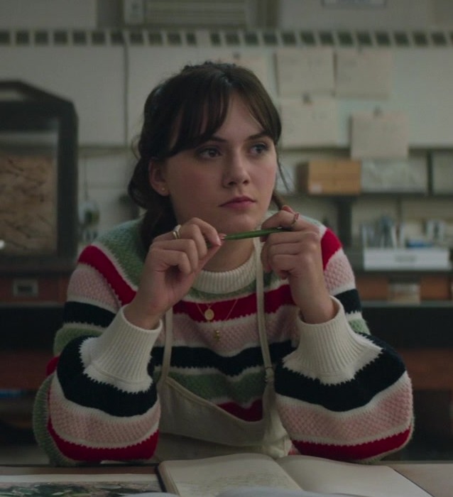 Multicolor Striped Crew Neck Sweater Worn by Emilia Jones as Margot from Cat Person (2023) Movie