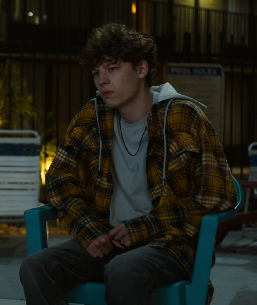 Hooded Plaid Overshirt Worn by Van Crosby as Kyle Morgan from The Family Plan (2023) Movie