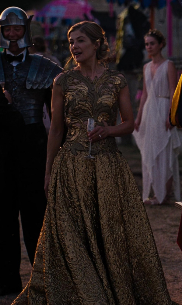 majestic gold leaf long dress - Rosamund Pike (Lady Elspeth Catton) - Saltburn (2023) Movie
