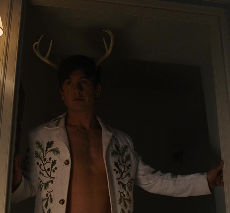 white jacket with green leaf embroidery - Barry Keoghan (Oliver Quick) - Saltburn (2023) Movie