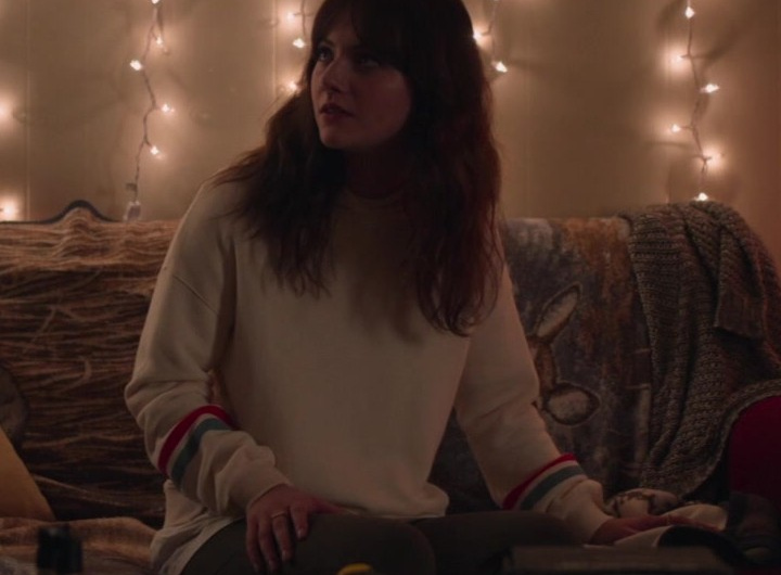 White Hoodie with Colorful Sleeve Stripes Worn by Emilia Jones as Margot