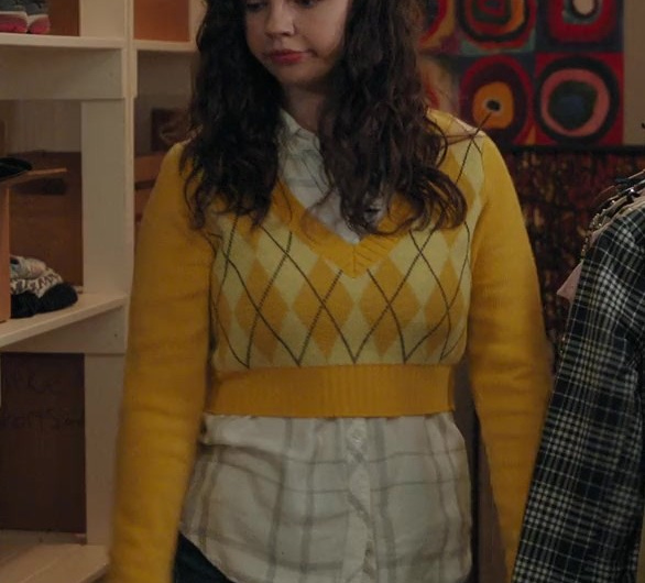 Yellow Diamond Check Long Sleeve Cropped Knit Jumper Worn by Ellie O’Brien as Grace