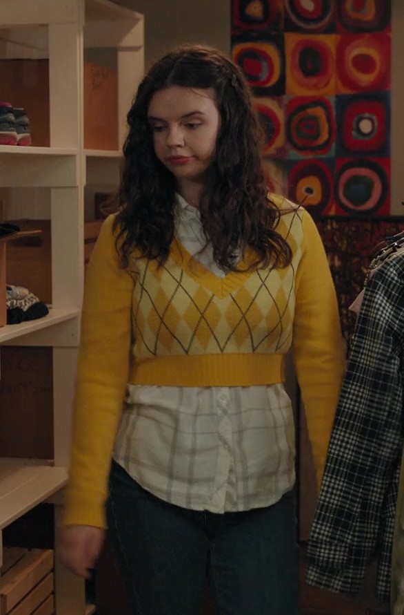 Yellow Diamond Check Long Sleeve Cropped Knit Jumper Worn by Ellie O'Brien as Grace from My Life with the Walter Boys TV Show