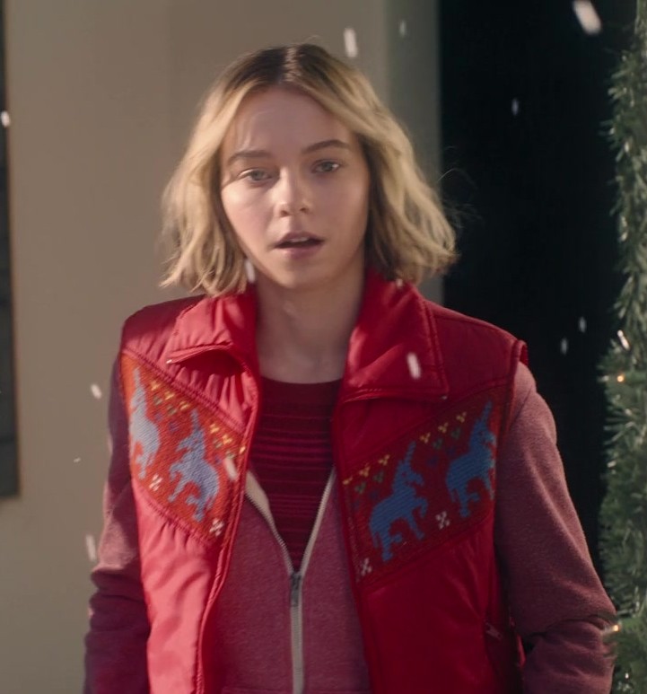 Worn on Family Switch (2023) Movie - Red Vest with Unicorn Pattern of Emma Myers as CC