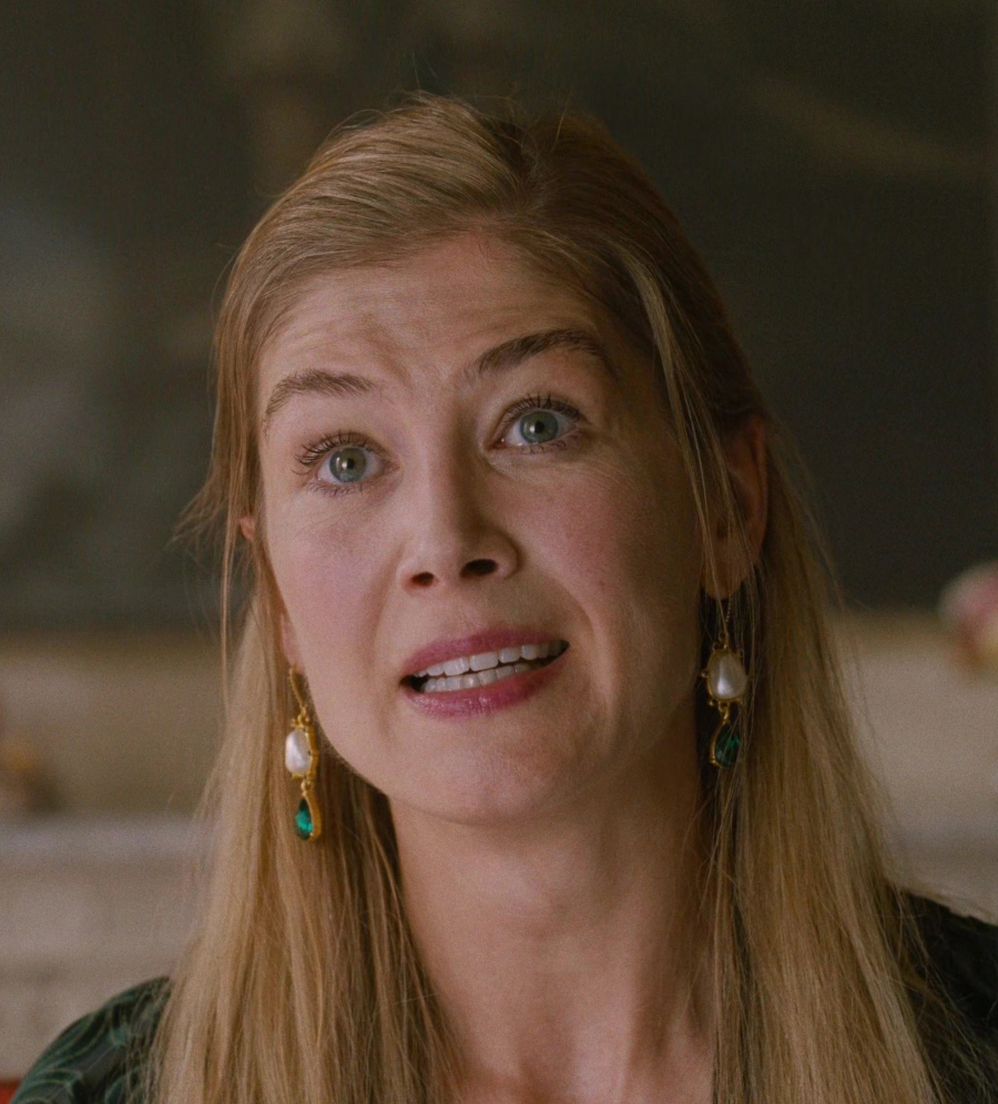 elegant gold drop earrings with turquoise and pearl accents - Rosamund Pike (Lady Elspeth Catton) - Saltburn (2023) Movie
