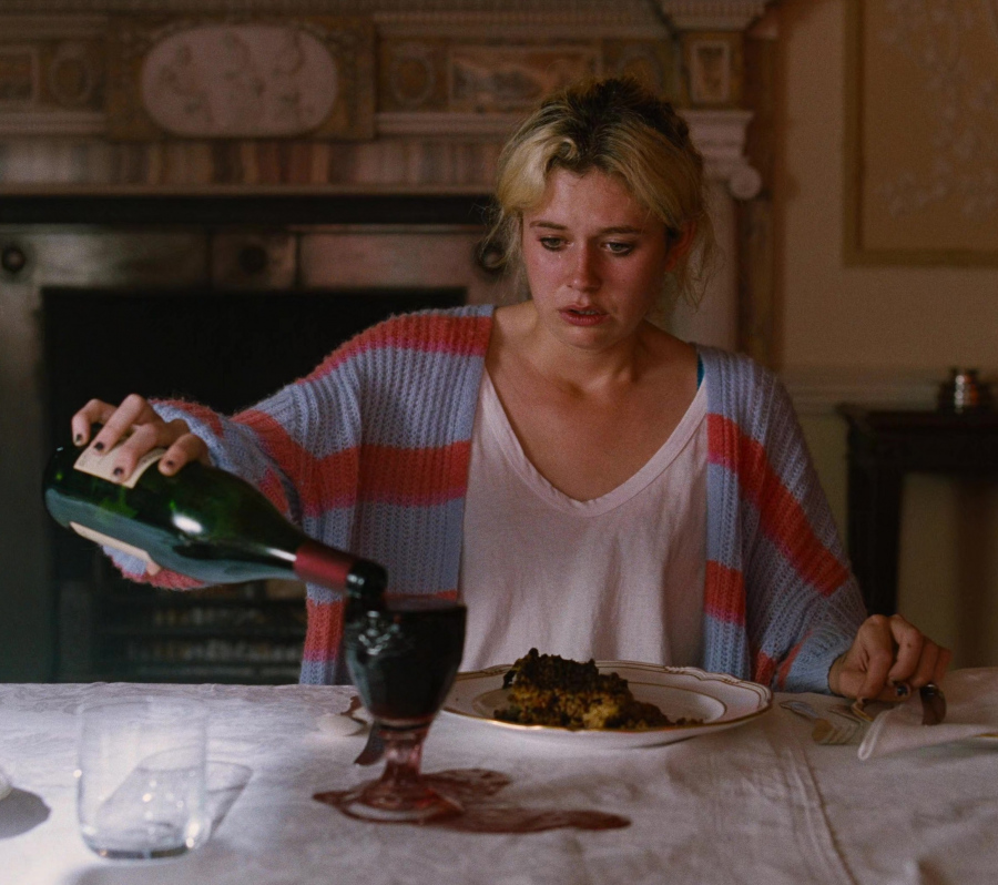 colorful pastel stripe open front cardigan - Alison Oliver (Venetia Catton) - Saltburn (2023) Movie