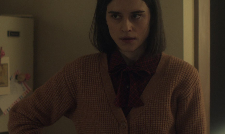 Cozy Textured Knit Cardigan Worn by Rebecca Liddiard as Karen Tillman