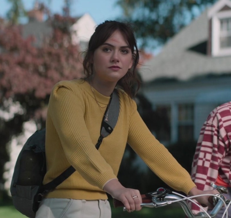 Yellow Ribbed Crew Neck Sweater Worn by Emilia Jones as Margot from Cat Person (2023) Movie