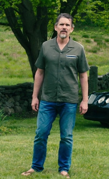 Worn on Leave the World Behind (2023) Movie - Green Camp Shirt of Ethan Hawke as Clay Sandford