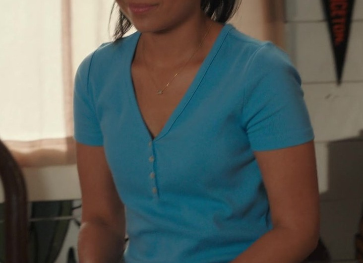 Blue V-Neck Henley Top of Nikki Rodriguez as Jackie Howard