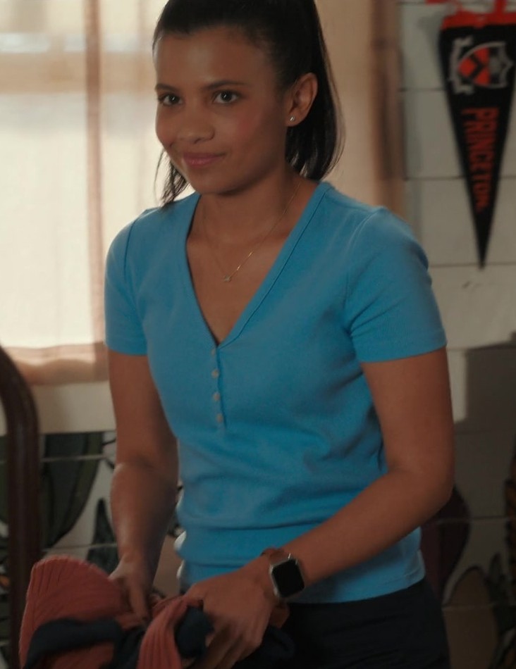 Blue V-Neck Henley Top of Nikki Rodriguez as Jackie Howard from My Life with the Walter Boys TV Show