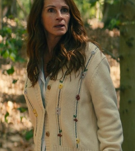 Ivory Floral-Embroidered Knit V-Neck Cardigan Worn by Julia Roberts as Amanda Sandford