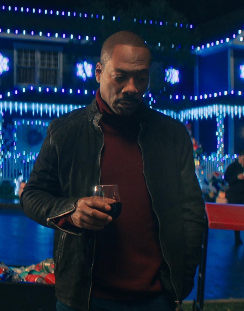 classic black leather biker jacket with zipper detail - Eddie Murphy (Chris Carver) - Candy Cane Lane (2023) Movie