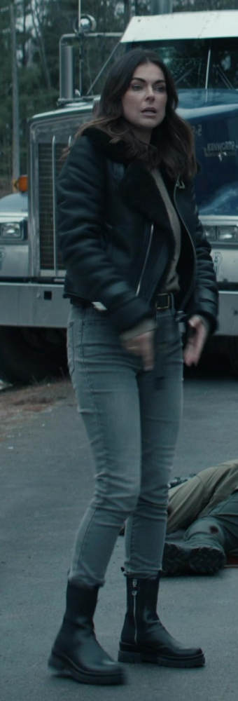 rugged black leather combat boots - Serinda Swan (Karla Dixon) - Reacher TV Show
