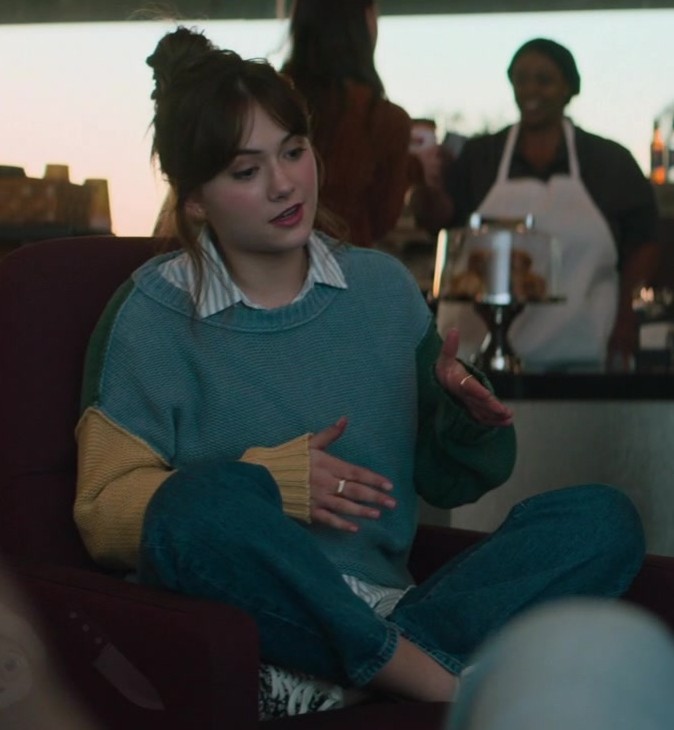 Color Block Oversized Knit Sweater Worn by Emilia Jones as Margot from Cat Person (2023) Movie