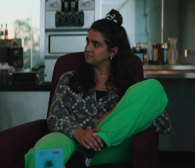 Bold Neon Green Sweatpants Worn by Geraldine Viswanathan as Taylor from Cat Person (2023) Movie