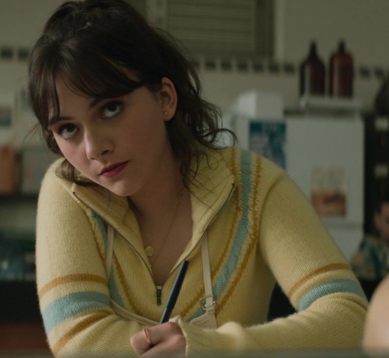 Worn on Cat Person (2023) Movie - Yellow Quarter Zip Knit Top of Emilia Jones as Margot