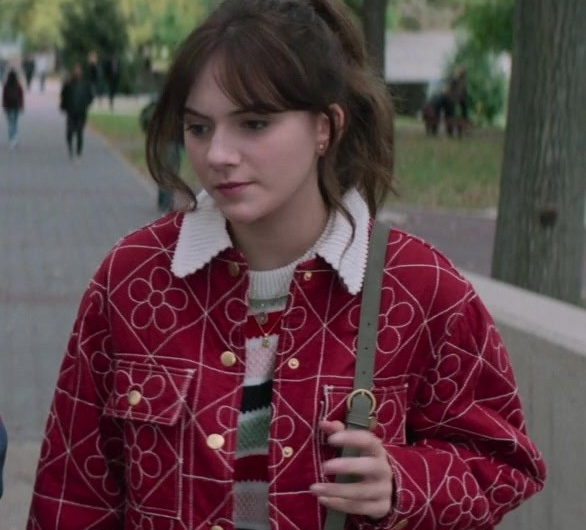 Red Floral Pattern Utility Jacket Worn by Emilia Jones as Margot