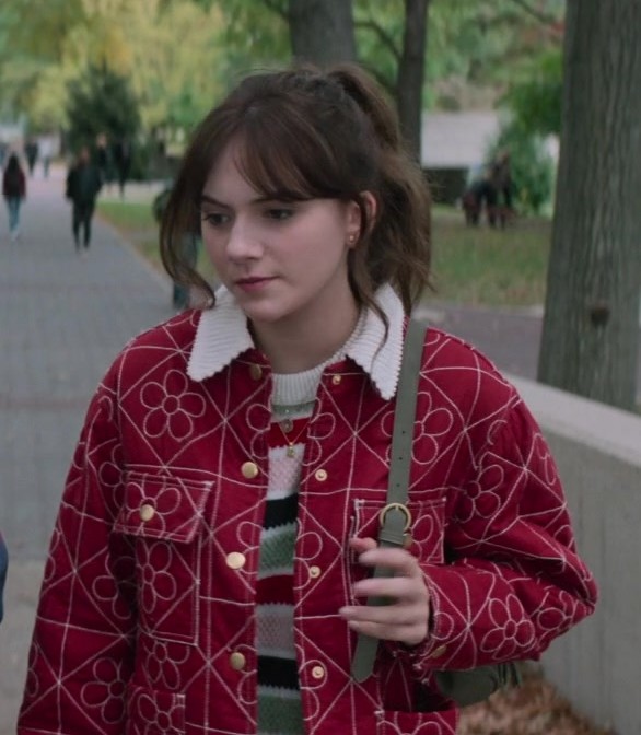Red Floral Pattern Utility Jacket Worn by Emilia Jones as Margot from Cat Person (2023) Movie