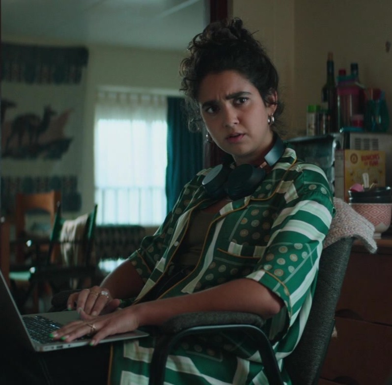 Green Piped Satin Twill Shirt Worn by Geraldine Viswanathan as Taylor from Cat Person (2023) Movie