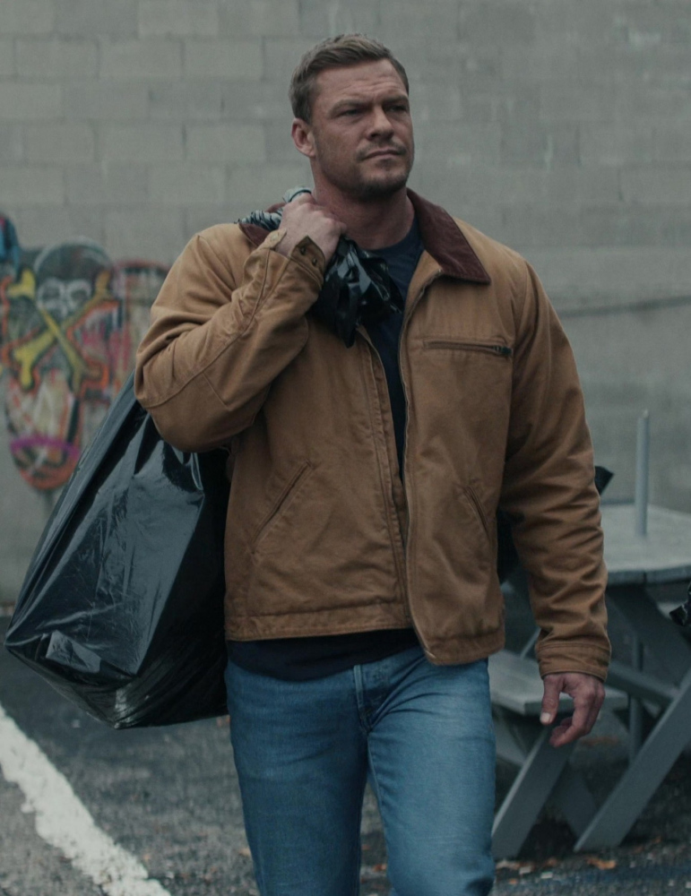 Rugged Camel Brown Canvas Jacket with Corduroy Collar Worn by Alan Ritchson as Jack Reacher from Reacher TV Show
