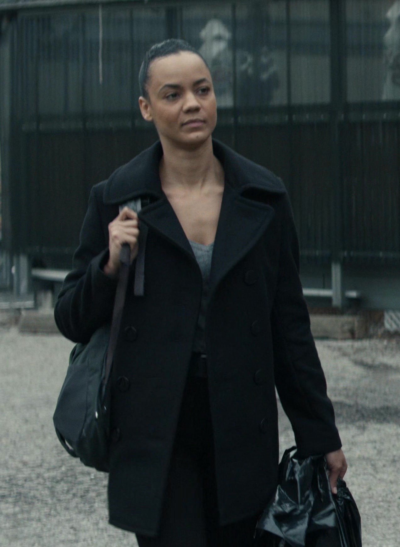 Worn on Reacher TV Show - Double-Breasted Black Peacoat Worn by Maria Sten as Frances Neagley