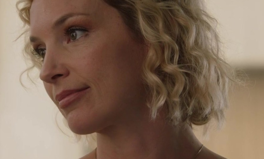 Minimalist Gold Necklace with Solitaire Bead Pendant Worn by Perdita Weeks as Juliet Higgins