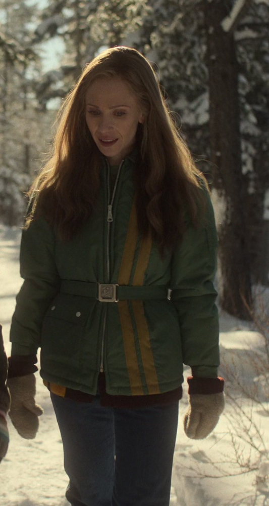winter belted jacket with color block stripes - Juno Temple (Dorothy "Dot" Lyon / Nadine Bump) - Fargo TV Show