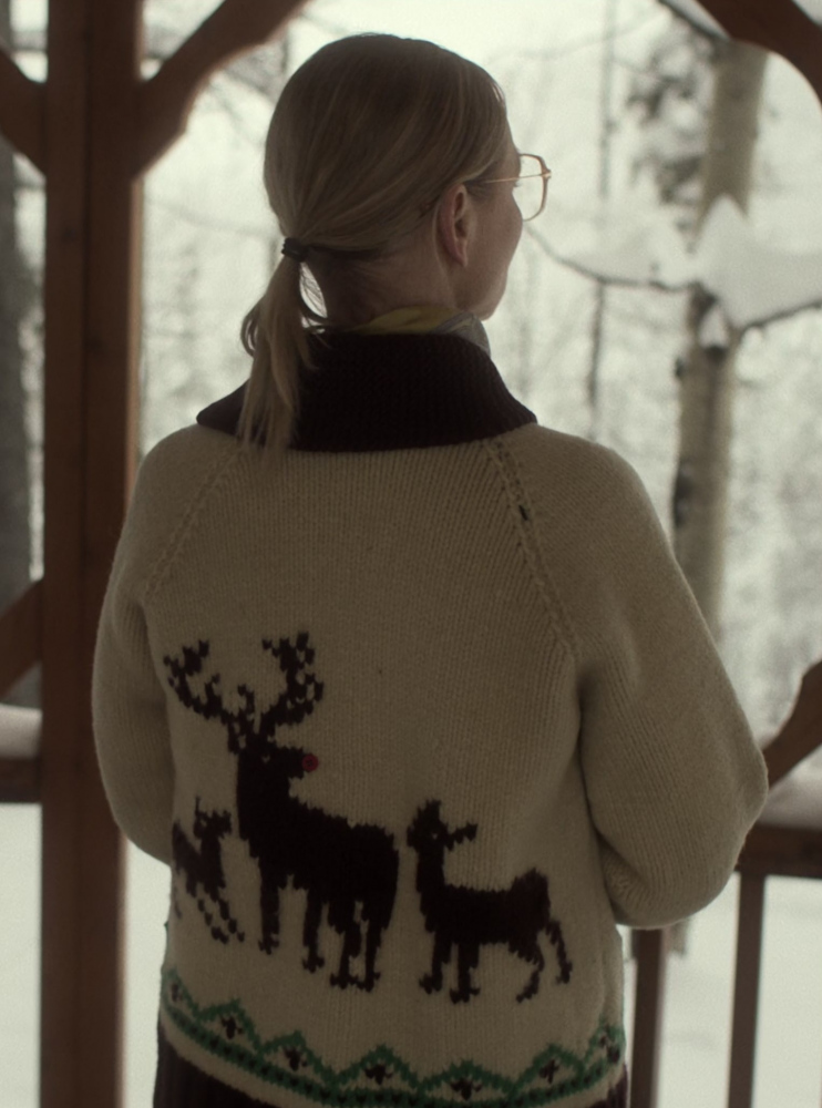 Full-Zip Knit Sweater with Nordic Reindeer Design Worn by Kari Matchett as Linda Hillman