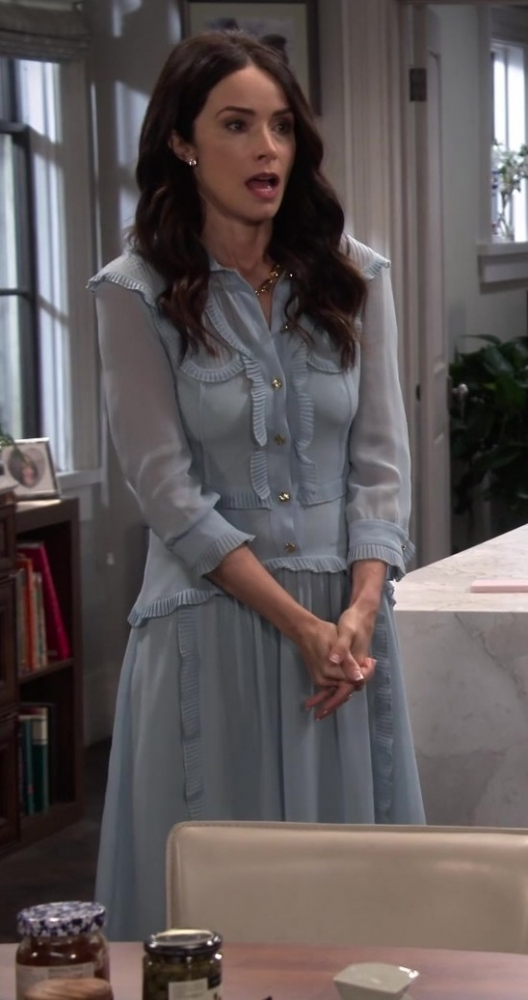 blue ruffled button-up dress - Abigail Spencer (Julia Mariano) - Extended Family TV Show