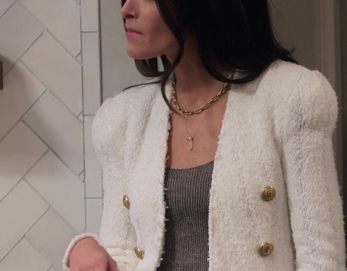 White Tweed Jacket with Statement Buttons Worn by Abigail Spencer as Julia Mariano