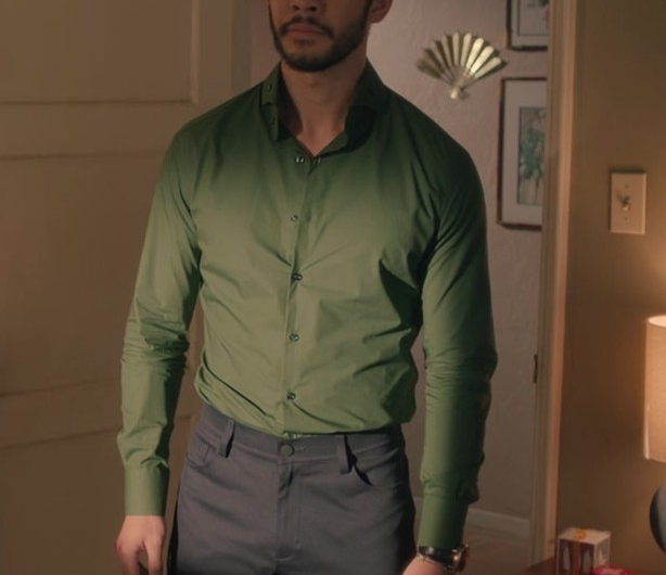 Green Long Sleeve Button Up Shirt Worn by Justin Chien as Charles Sun