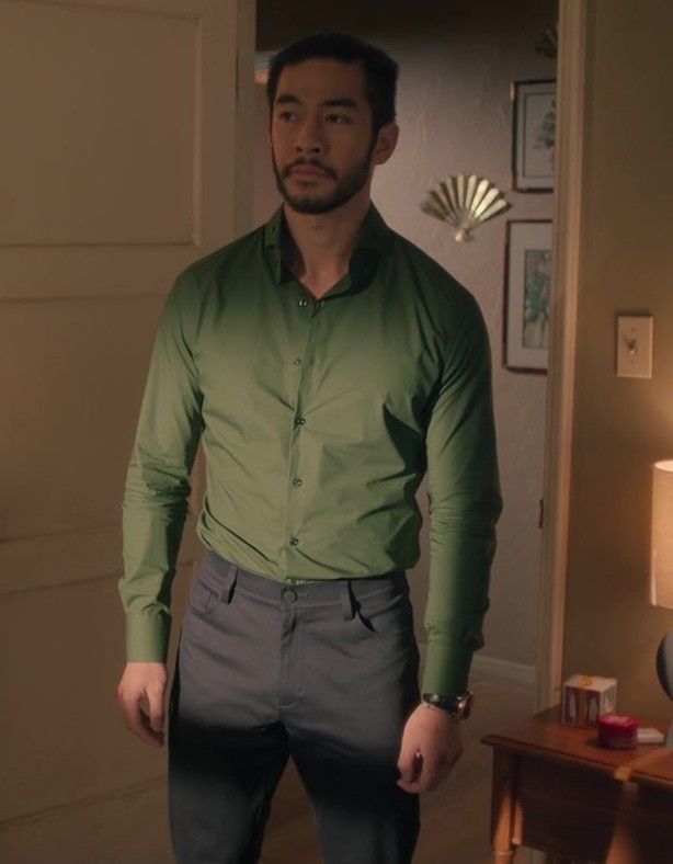 Green Long Sleeve Button Up Shirt Worn by Justin Chien as Charles Sun