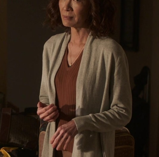 Grey Open-Front Cardigan of Michelle Yeoh as Eileen “Mama” Sun