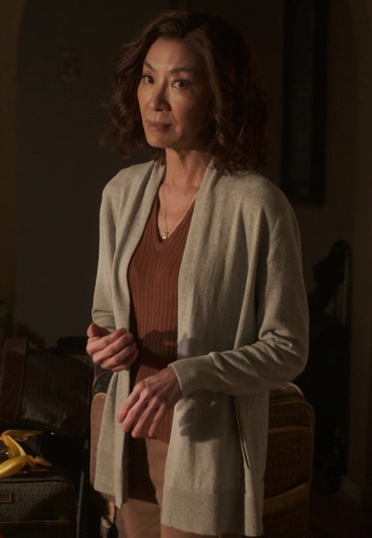 Grey Open-Front Cardigan of Michelle Yeoh as Eileen "Mama" Sun