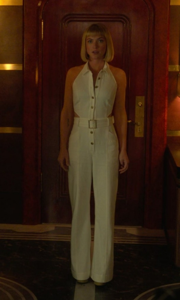 high-waisted wide leg white trousers - Violett Beane (Imogene Scott) - Death and Other Details TV Show