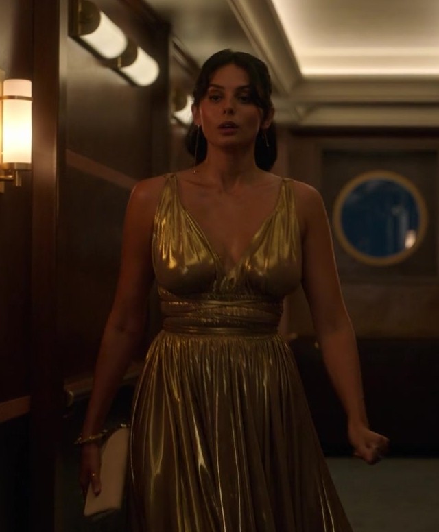 gold pleated dress - Pardis Saremi (Leila) - Death and Other Details TV Show