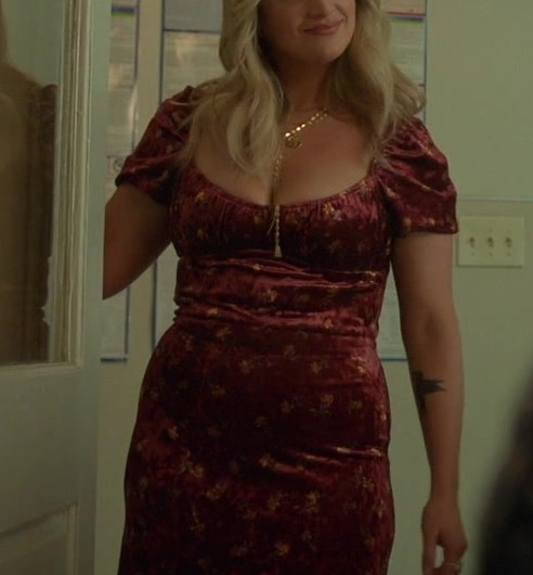Burgundy Velvet Midi Dress with Sweetheart Neckline Worn by Emma Hunton as Davia Moss