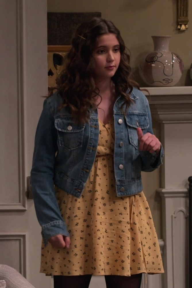 Mustard Dress with Black Floral Accents Worn by Sofia Capanna as Grace from Extended Family TV Show
