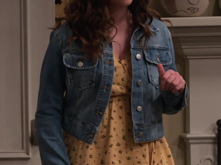 Mustard Dress with Black Floral Accents Worn by Sofia Capanna as Grace