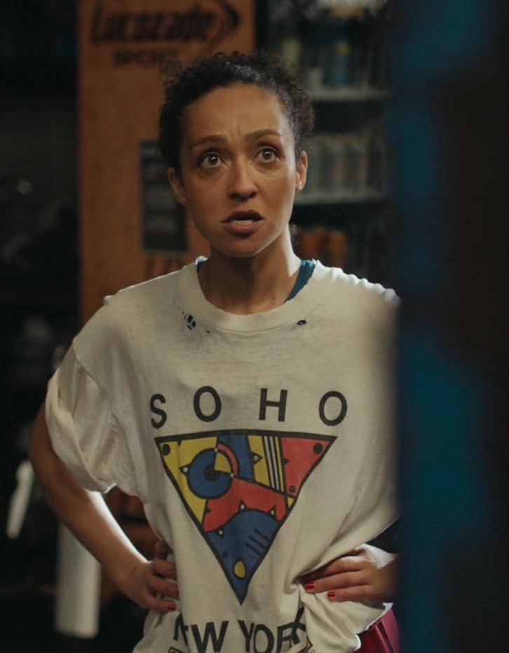 Soho New York Print Distressed T-Shirt Worn by Ruth Negga as Sophie from Good Grief (2023) Movie