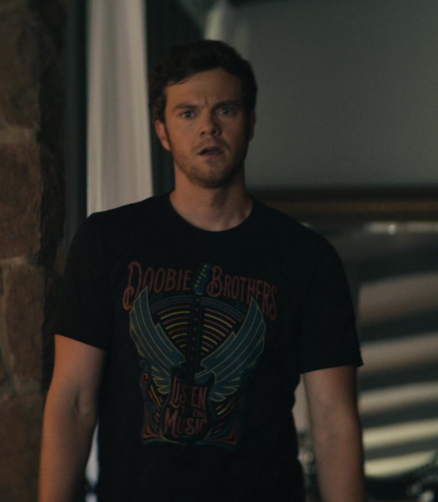 Doobie Brothers - Listen To The Music Print Black T-Shirt Worn by Jack Quaid as Hughie Campbell