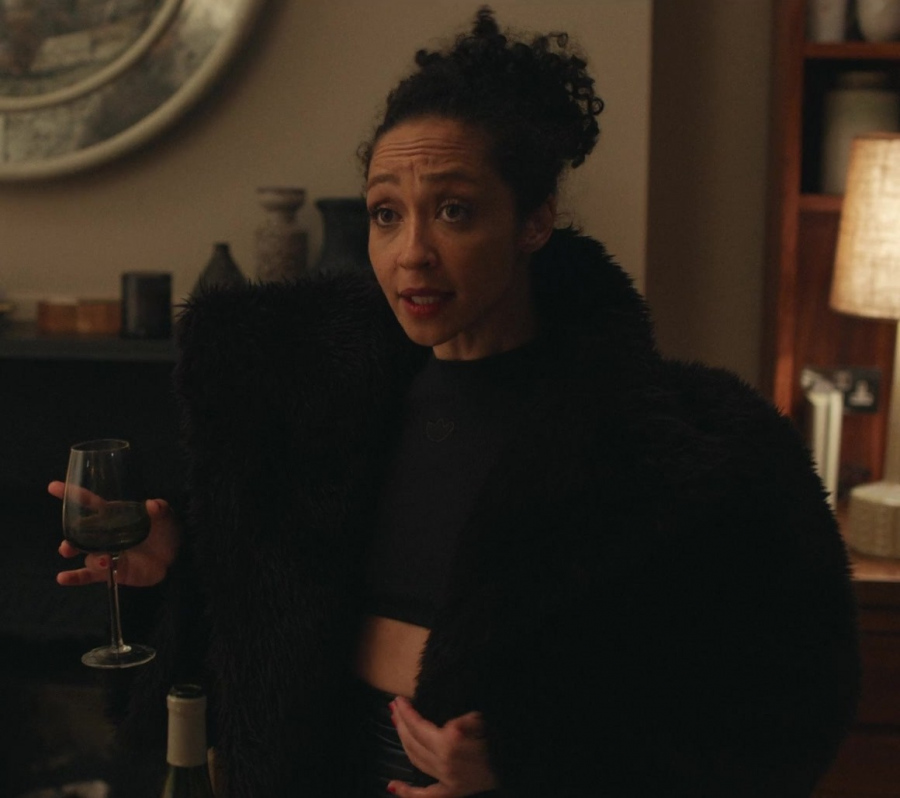 Black Faux Fur Coat of Ruth Negga as Sophie from Good Grief (2023) Movie