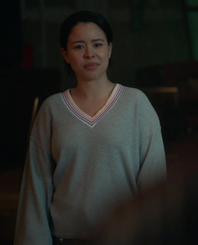 V-Neck Sweater with Contrast Striped Neckline Worn by Cierra Ramirez as Mariana Adams Foster