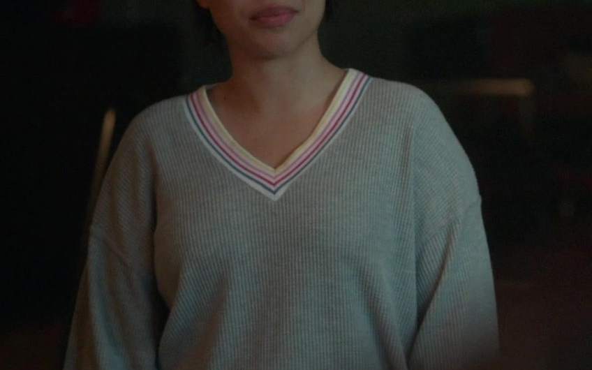 V-Neck Sweater with Contrast Striped Neckline Worn by Cierra Ramirez as Mariana Adams Foster