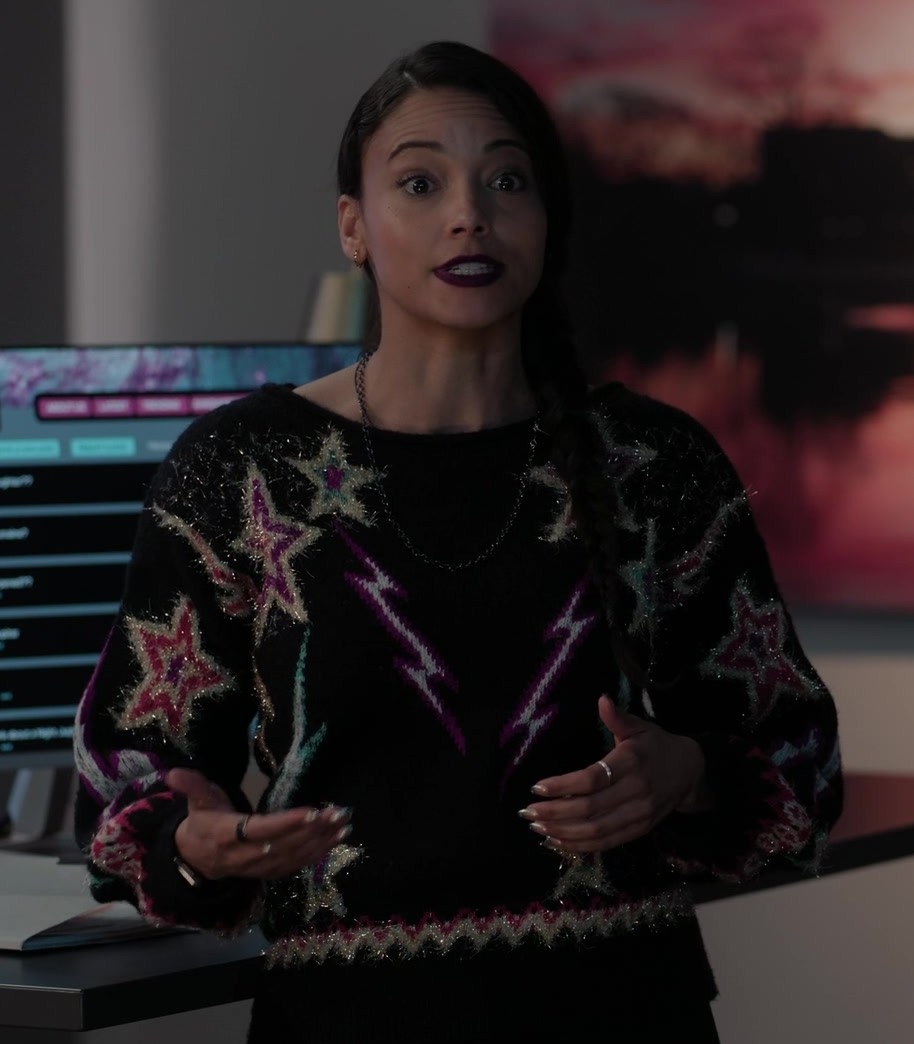 Worn on Found TV Show - Cosmic-Themed Shimmering Star Sweater of Gabrielle Walsh as Lacey Quinn