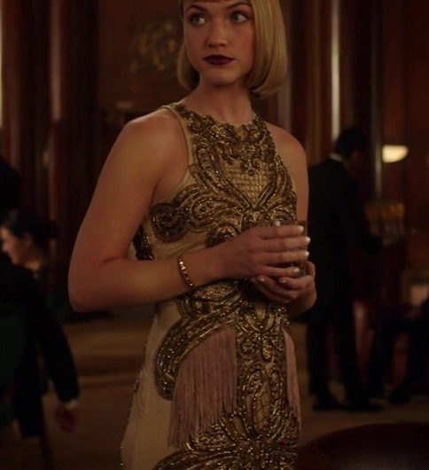 Gold Beaded Gown with Art Deco Embellishments Worn by Violett Beane as Imogene Scott
