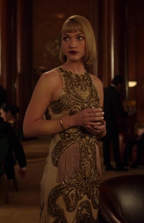 gold beaded gown with art deco embellishments - Violett Beane (Imogene Scott) - Death and Other Details TV Show