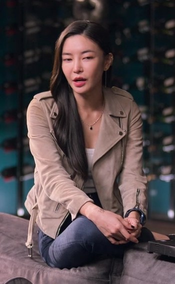 Beige Suede Biker Jacket of Kim Yoon-ji as Mi-Sun from Lift (2024) Movie