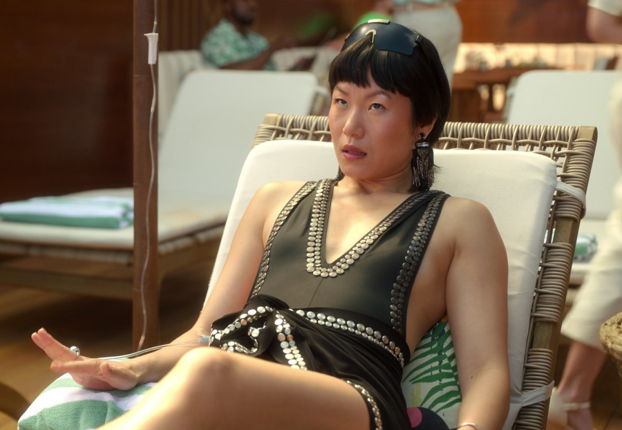 studded v-neck one-piece swimsuit - Karoline (Eleanor Chun) - Death and Other Details TV Show